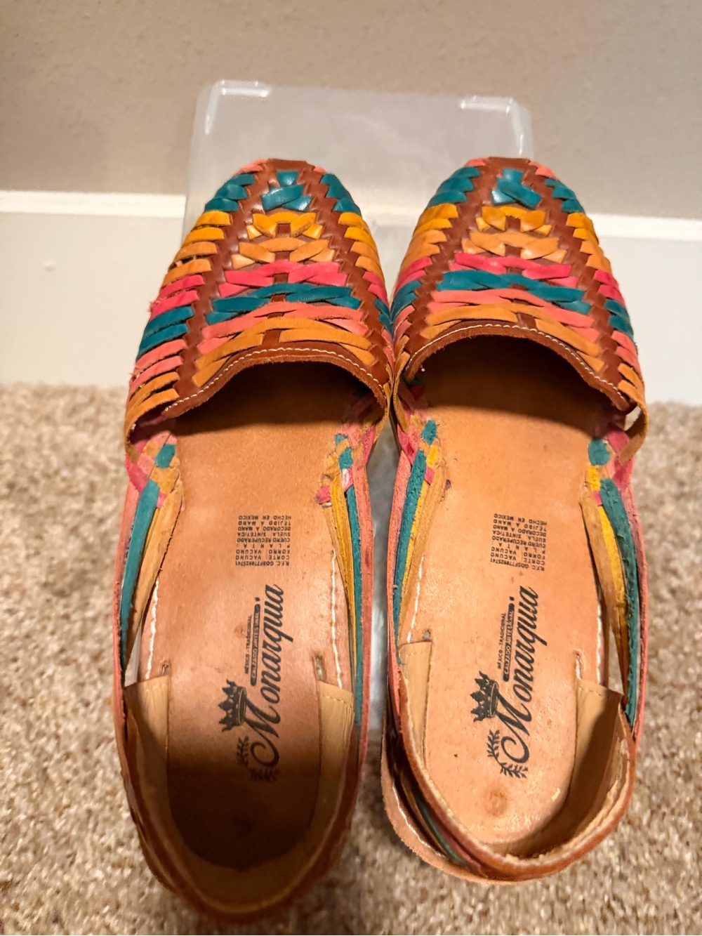 Handmade Mexican Multicolor Woven Leather Huarache Flats – Size 10